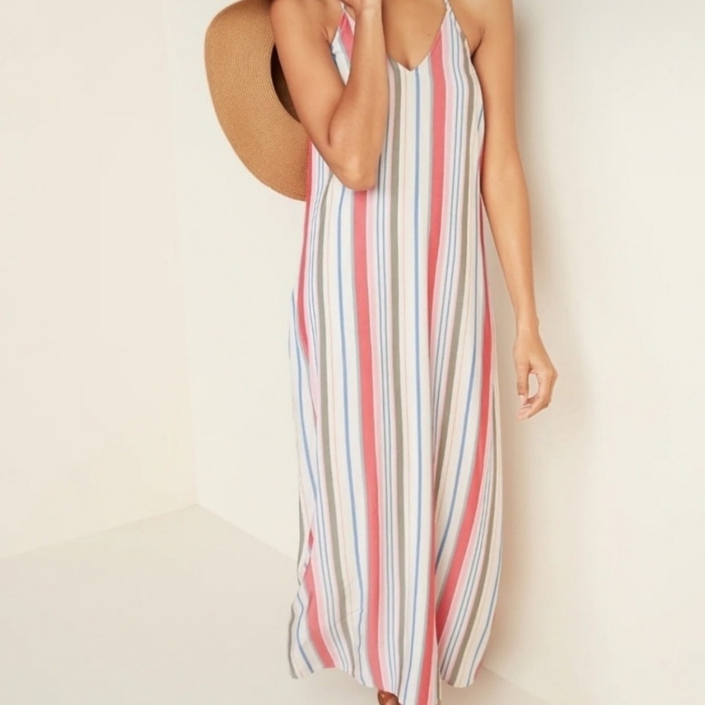 Old Navy Soft Rainbow Multi Stripe V Neck Maxi Shift Dress Size Medium Petite